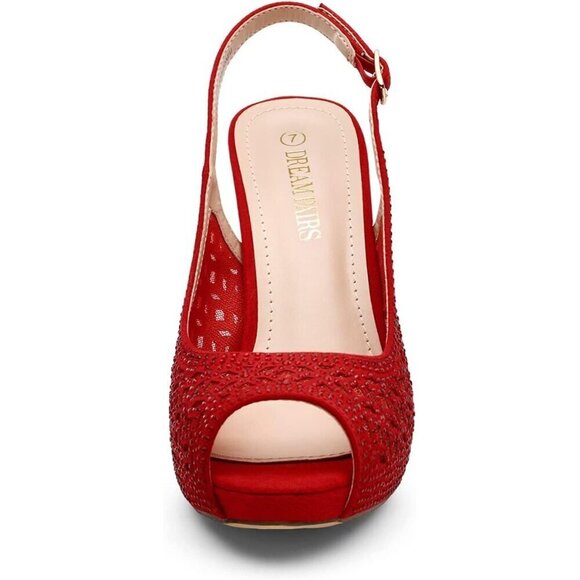 ⭐ Women's High Heels Red Suede Rhinestones Peep Toe Pumps Shoes - Picture 3 of 5